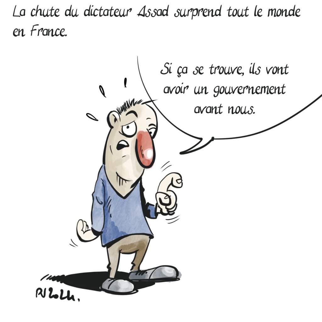 La chute du dictateur Assad surprend tout le monde.

Un homme visiblement surpris déclare : Si ça se trouve, ils vont avoir un gouvernement avant nous.