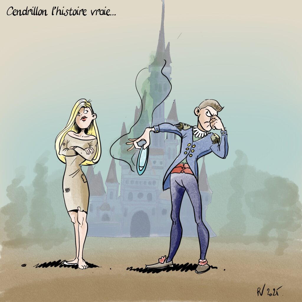 Le prince charmant tend une chaussure qui cocotte à Cendrillon sur fond de château de rêve.