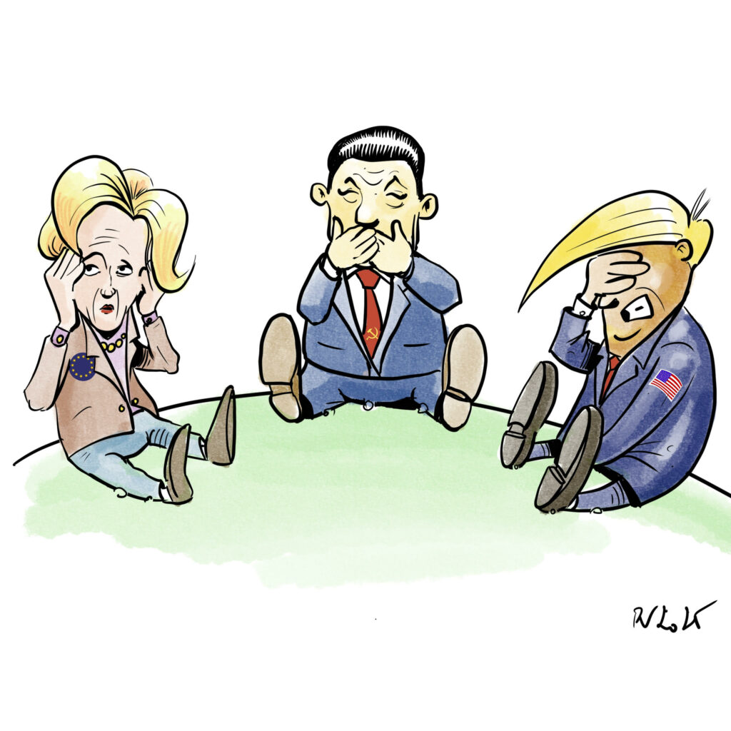Von Der Leyen se bouche les oreilles, Xi Jinping mets ses mains devant la bouche et Trump se cache les yeux sur le modèle des 3 singes de la sagesse.